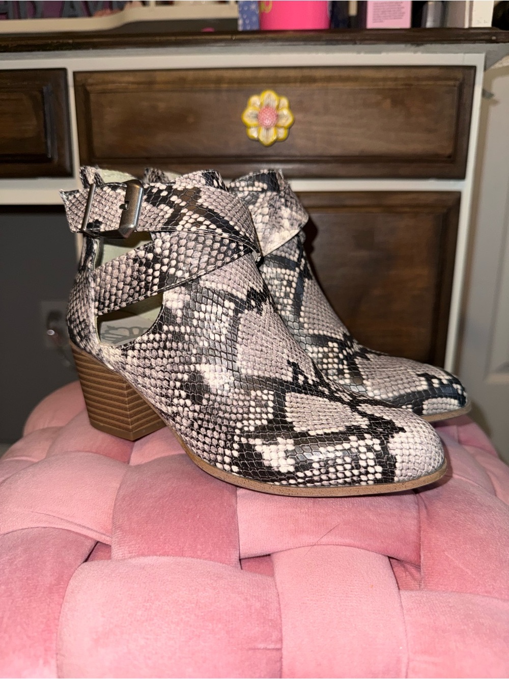 Fergalicious Snake-Print Cutout Ankle Booties in Black and Cream